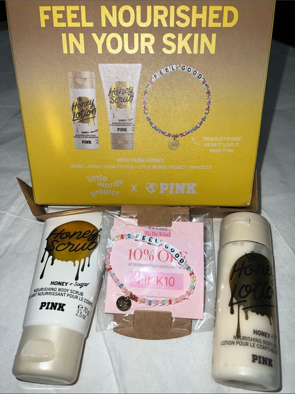 3pcs PINK Victoria’s Secret Scrub Lotion and Bracelet Honey